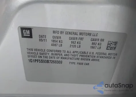 2011 Chevrolet Cruze 1Lt из США, поврежденный, VIN 1G1PF5S93B7268369